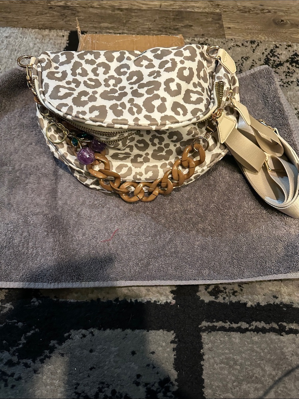 Leopard Print Crossbody Bag with Chain Accent - Cream Taupe